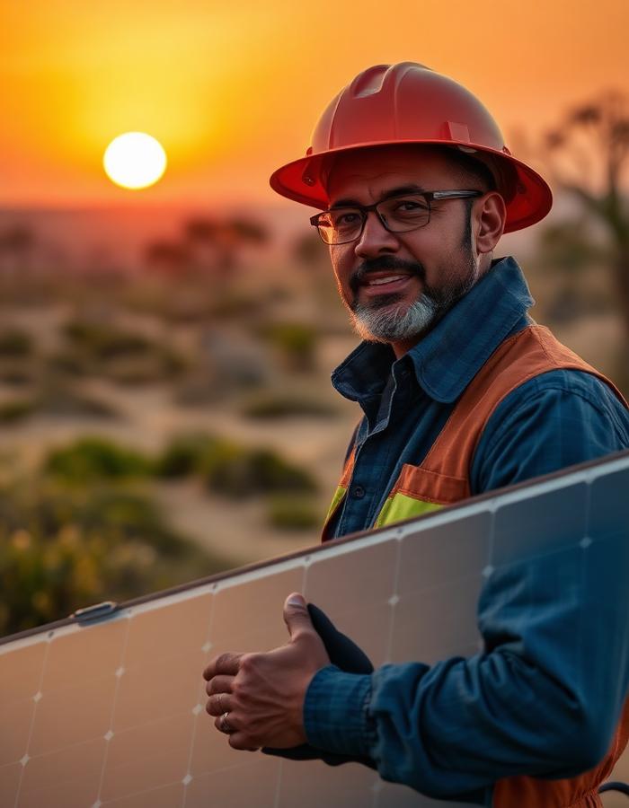 Solar engineer at sunset